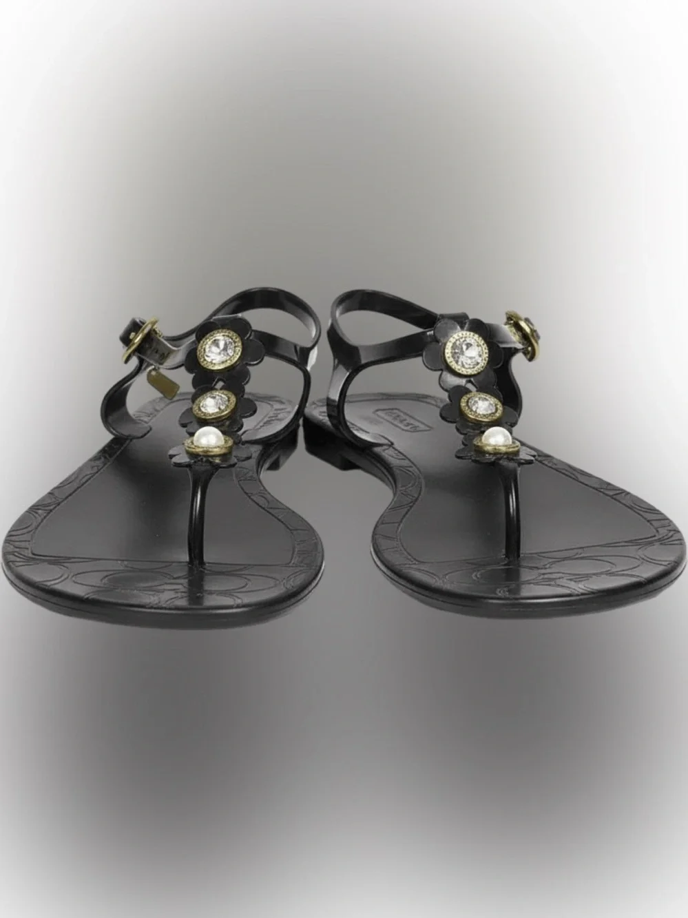 Coach Black Jelly Floral T-Strap Sandals with Gold Accents - Picture 2 of 6